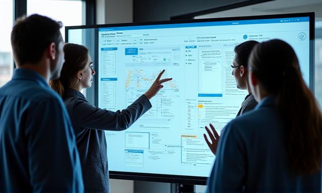 Team collaborating over a custom software dashboard